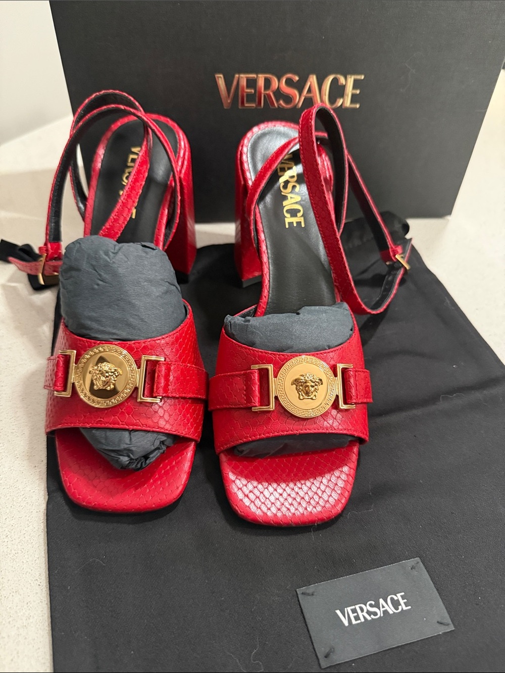 BNIB Authentic Versace Red Snake Heels with Gold Medusa Accent